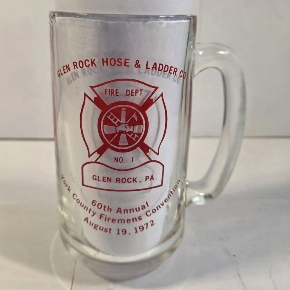 Vintage 1972 Firemen Convention Beer Mug Glen Rock PA Hose Ladder Smokey